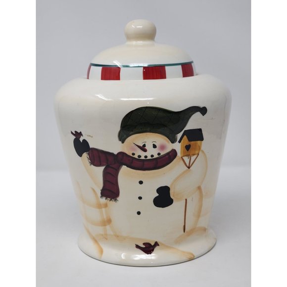 Crazy Mountain Snoman With‎ Birdhouse Evergreen Trees Christmas Cookie Jar - Picture 1 of 10